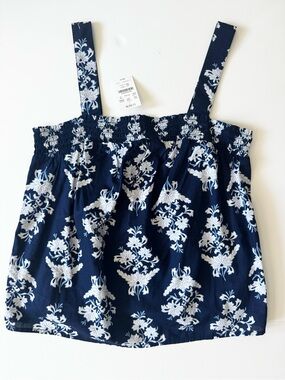 J Crew Block-Print Square Neck Smocked Top, Blue/White, NWT, Women’s Size Small